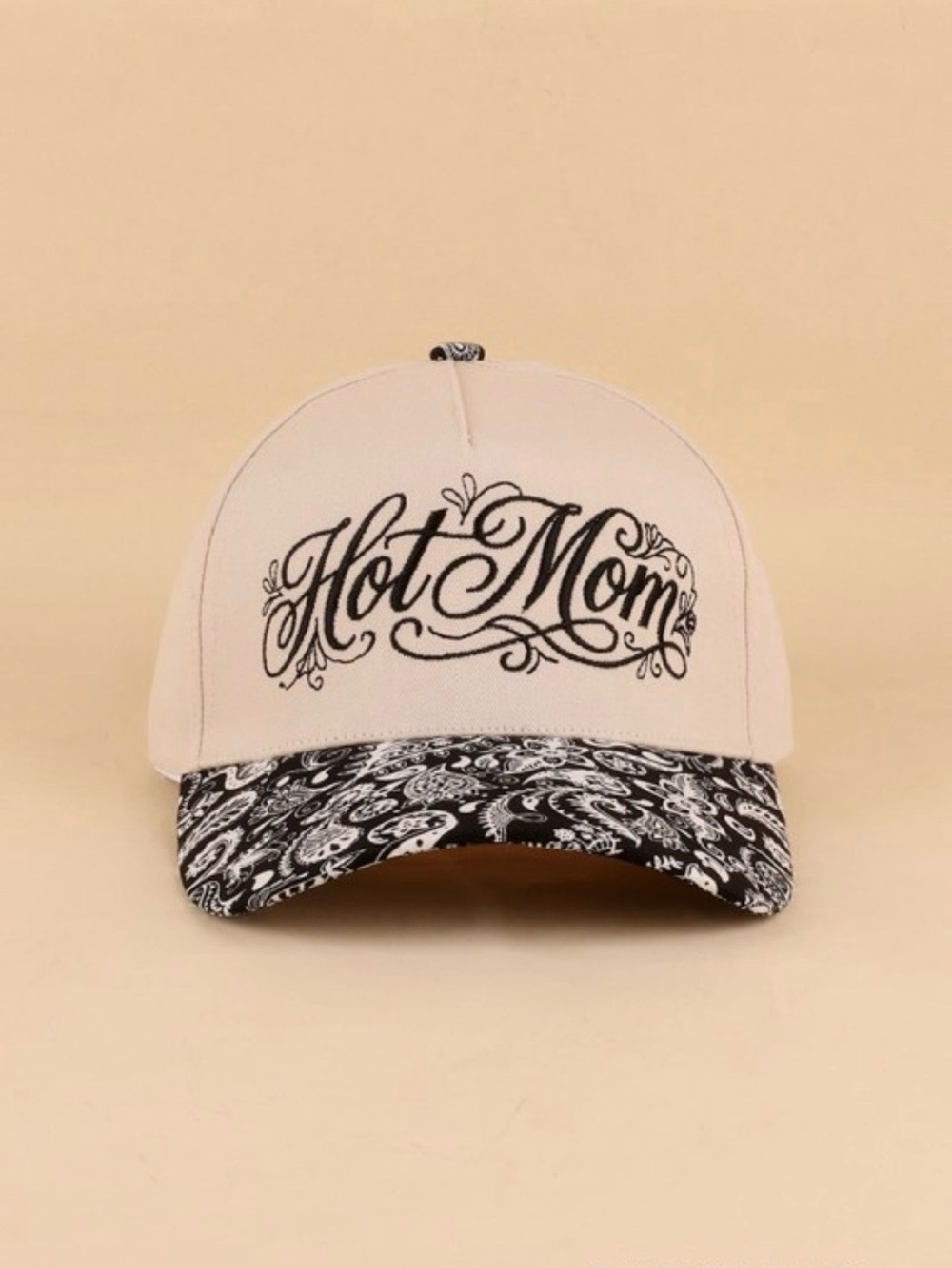 Hot Mom Embroidered Baseball Cap - Cream and Black